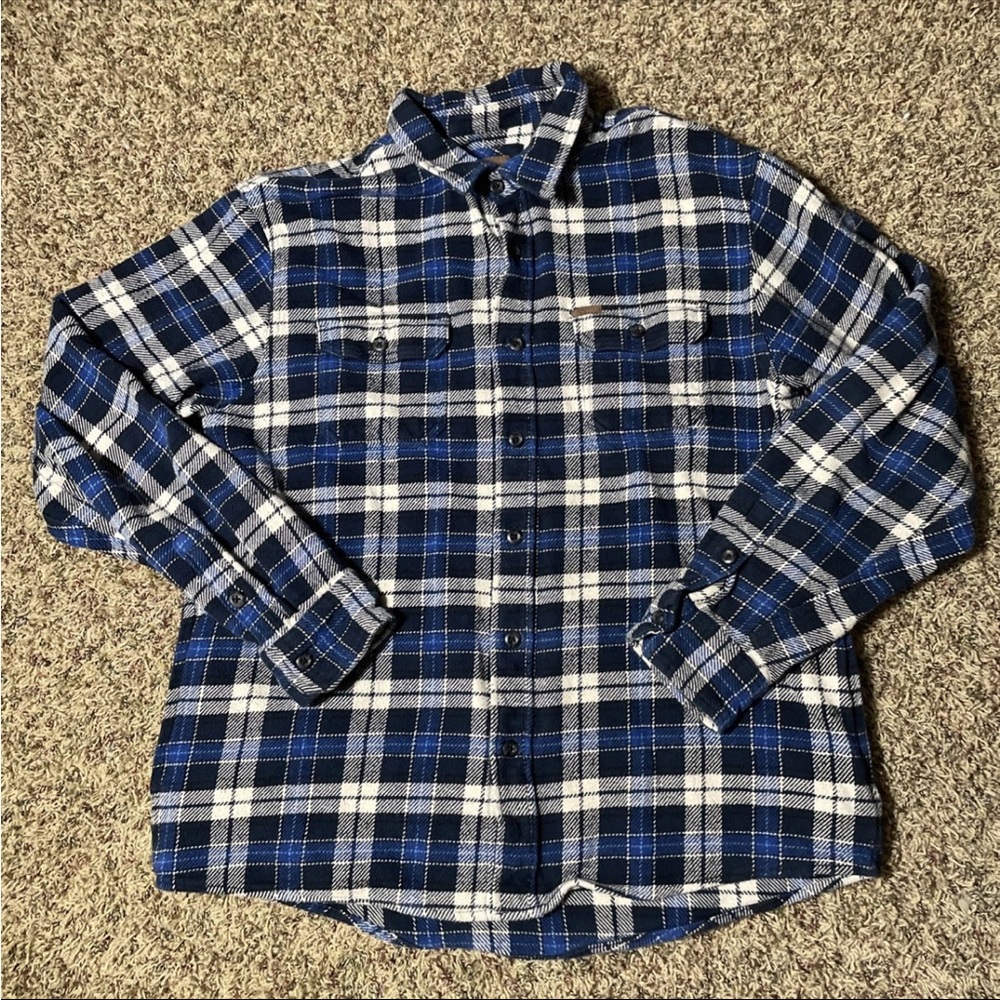 Orvis Shirt Mens Size L Blue White Plaid Heavy Weight Flannel Shacket Pockets